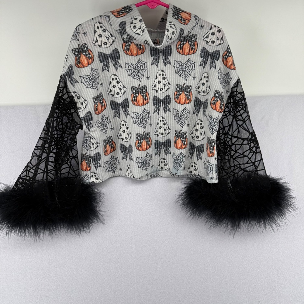 Custom Halloween Shirt Grey Ribbed Pumpkin Ghost Web Mesh Fur Bell Sleeve Kids